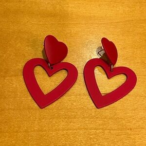 Cute red metal 2” heart earrings